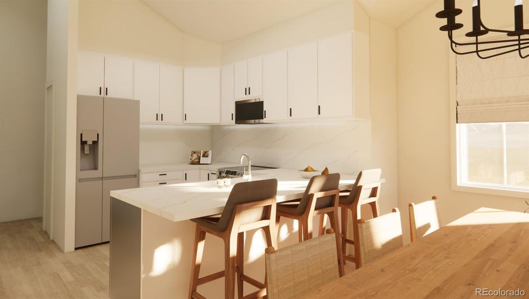 Gorgeous quartz countertops and an eat-in kitchen provide both aesthetic enjoyment and functional living. *This is a 3D rendering.