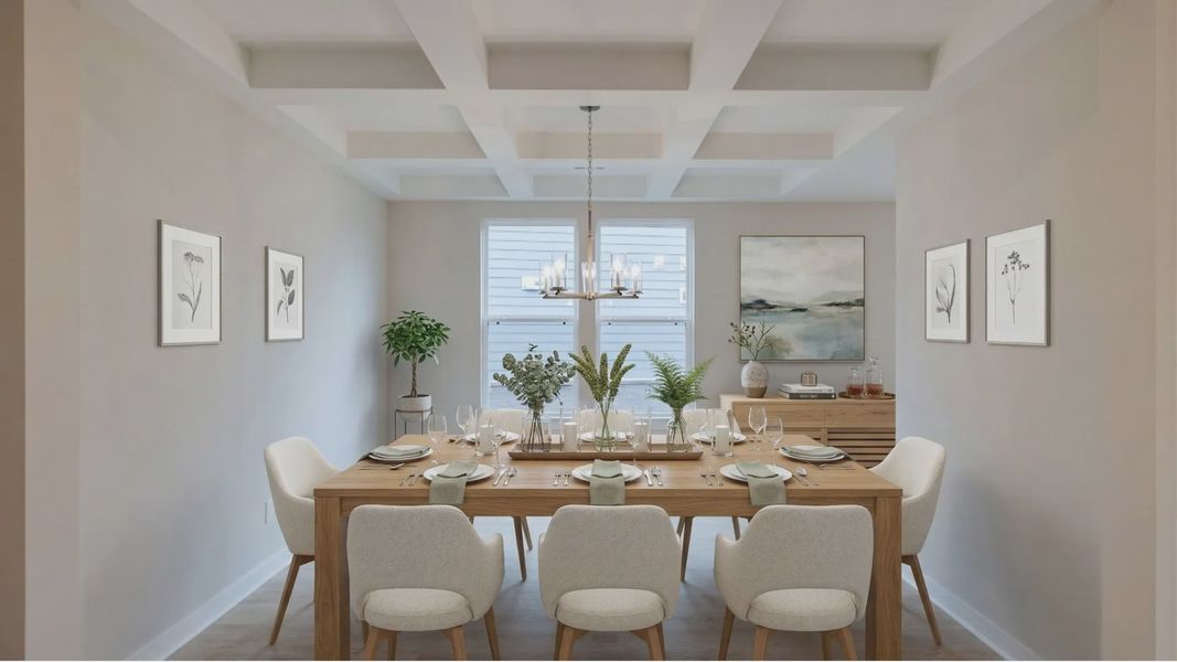 Virtually staged dining room with Coffered ceiling accent Virtually staged dining room with Coffered ceiling accent