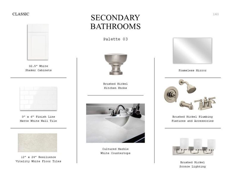 Classic Look Palette 3: Secondary Bathrooms Selection Sheet (*Artist rendering used for illustration purposes only.)