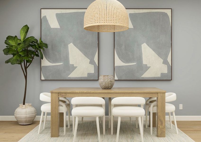 Rendering of a  dining room furnished with a dining table surrounded by six white chairs.