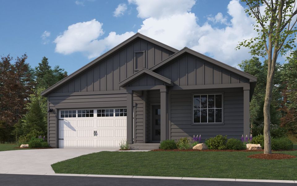 Front exterior of a new home in The Reserve at Looking Glass, Parker, CO, highlighting curb appeal (Image 1). Front exterior of a new home in The Reserve at Looking Glass, Parker, CO, highlighting curb appeal (Image 1).