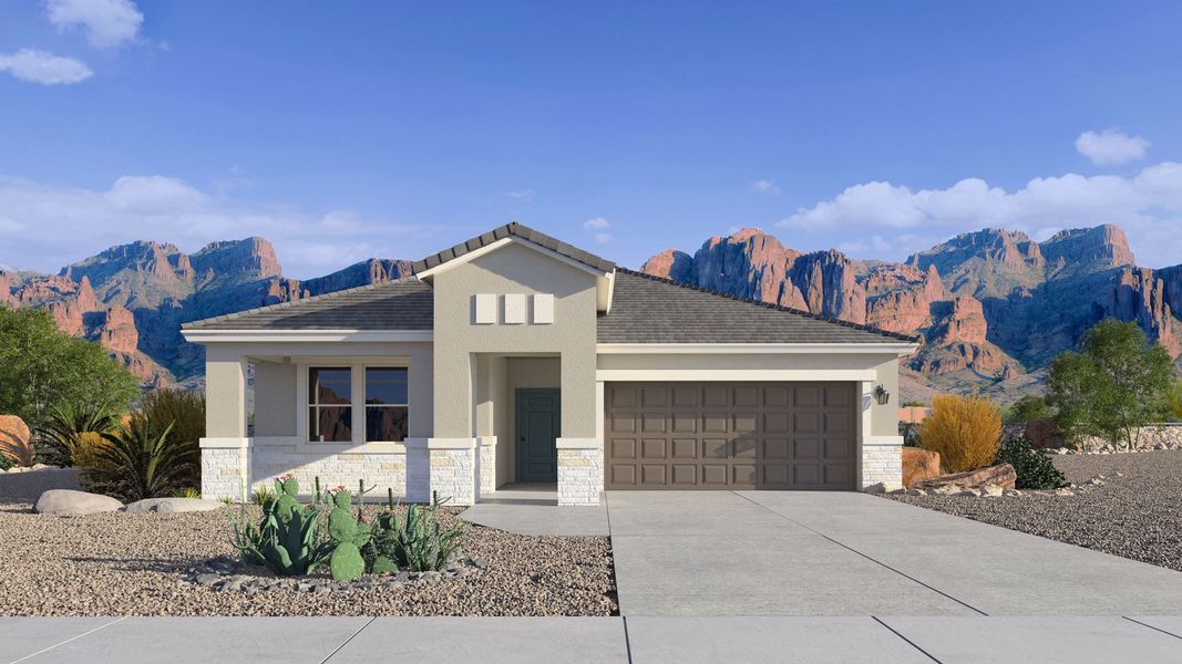 Front exterior of a new home in Del Rio Ranch, Avondale, AZ, highlighting curb appeal (Image 1). Front exterior of a new home in Del Rio Ranch, Avondale, AZ, highlighting curb appeal (Image 1).