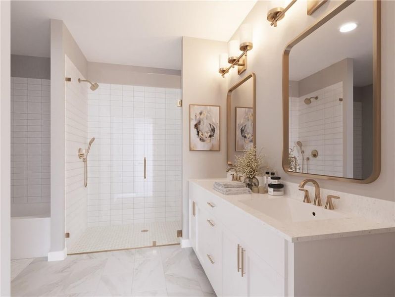The bathroom also features a soaking tub. **Please note photos shown are renderings of the floorplan and are not photos of the actual home.