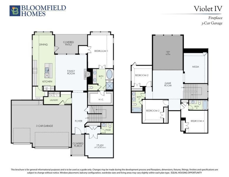 Bloomfield Homes Violet IV two-story floor plan with 4 bedrooms, game room, media room, and 3-car garage