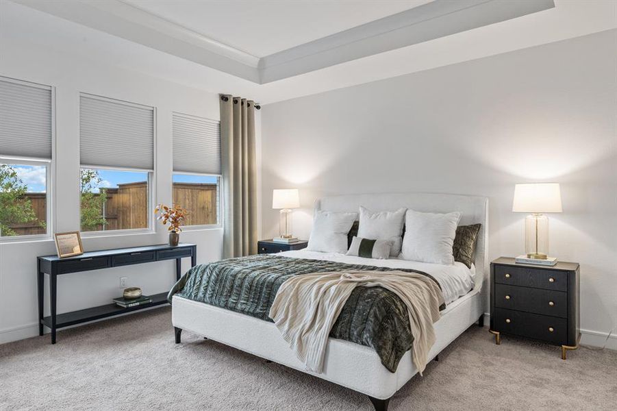 Primary bedroom  featuring a tray ceiling and light colored carpet