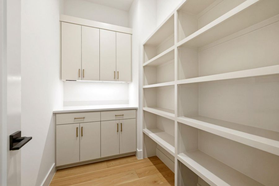 Built-in cabinetry and shelving featuring a light-toned finish, wood-finish flooring, and a solid surface countertop