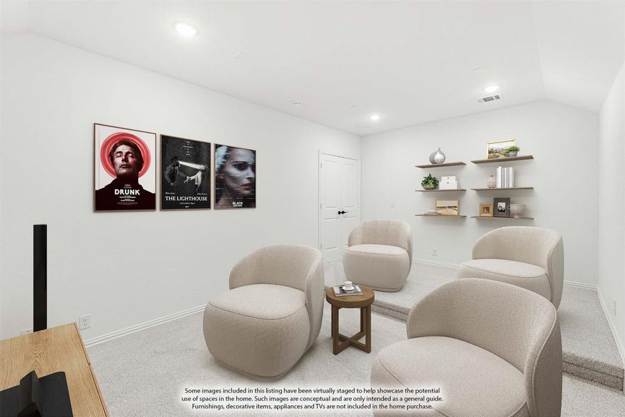 Bonus room with carpet, three lounge chairs, floating wall shelves, and movie posters on white walls