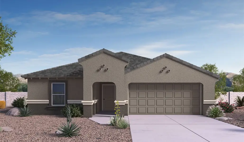 Front exterior of a new home in Hanson Ridge, Vail, AZ, highlighting curb appeal (Image 1). Front exterior of a new home in Hanson Ridge, Vail, AZ, highlighting curb appeal (Image 1).