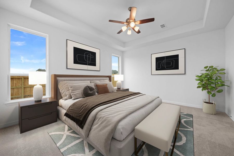 Primary bedroom. Note: Sample product photo - actual exterior and interior selections may vary by homesite