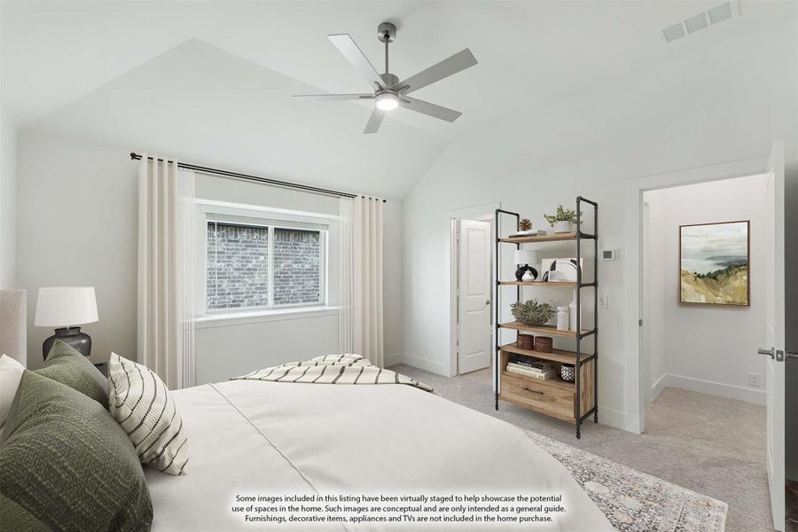 Bedroom with vaulted ceiling, ceiling fan, carpet flooring, and open shelving unit near closet door