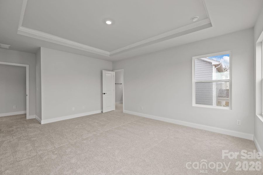 Primary suite featuring a tray ceiling and spa-like bathroom