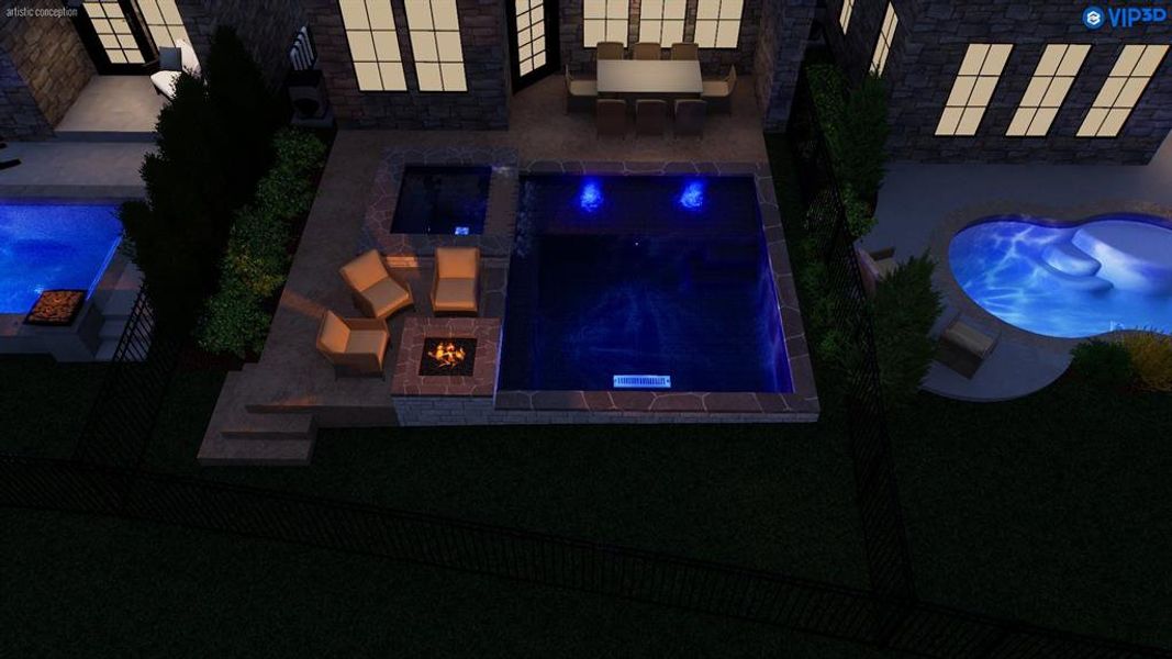 This rendering showcases a pool option that can be added. The spacious lot offers plenty of room to create your own private backyard retreat.