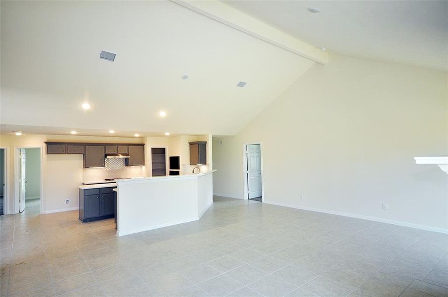 Family room is open to the kitchen under this soaring cathedral ceiling and is east to car for with the ceramic tile flooring.