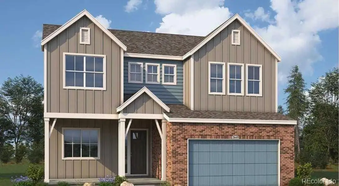 Front exterior of a new home in Dillon Pointe - Journey, Broomfield, CO, highlighting curb appeal (Image 1).