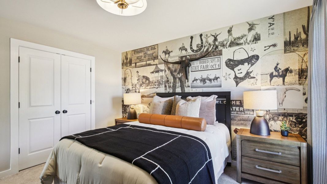Bedroom with carpet and closet