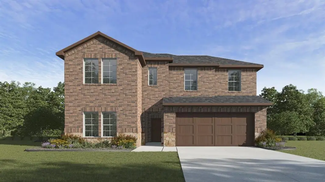Front exterior of a new home in Fireside by the Lake, Garland, TX, highlighting curb appeal (Image 1). Front exterior of a new home in Fireside by the Lake, Garland, TX, highlighting curb appeal (Image 1).