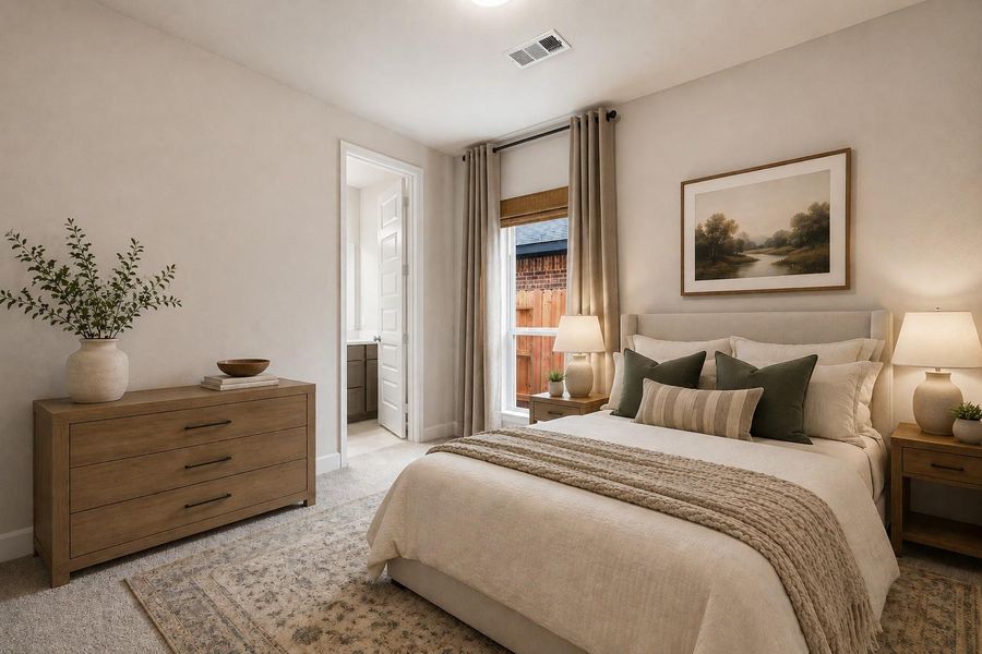 The private downstairs guest suite features its own ensuite bath and a spacious walk-in closet, making it ideal for guests or multigenerational living. *VIRTUALLY STAGED
