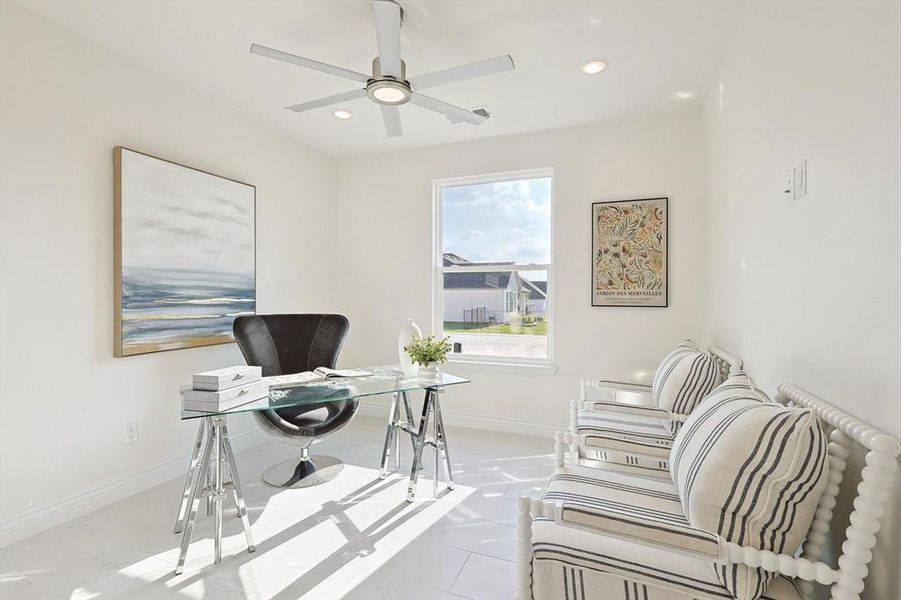 Tiled home office with ceiling fan