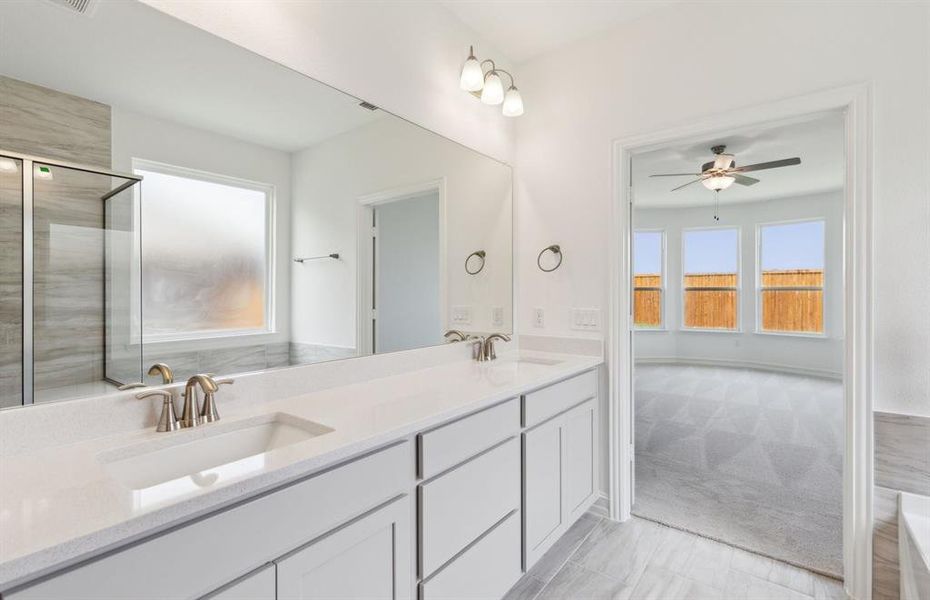 Elegant owner's bathroom with dual vanity*real home pictured