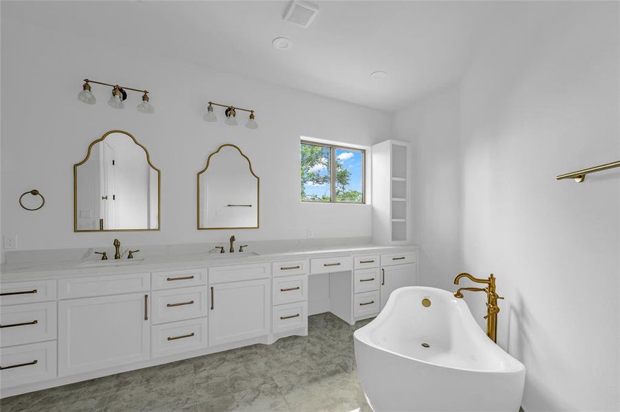 Incredible owner's bath with arched mirrors, makeup vanity & vintage tub Incredible owner's bath with arched mirrors, makeup vanity & vintage tub