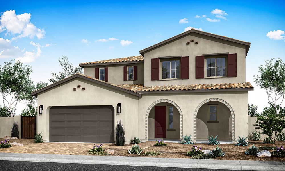 Representative exterior photo of a completed home built from the Sabino Plan 4506 by Tri Pointe Homes in Waterston Central, Gilbert, AZ (Image 19).