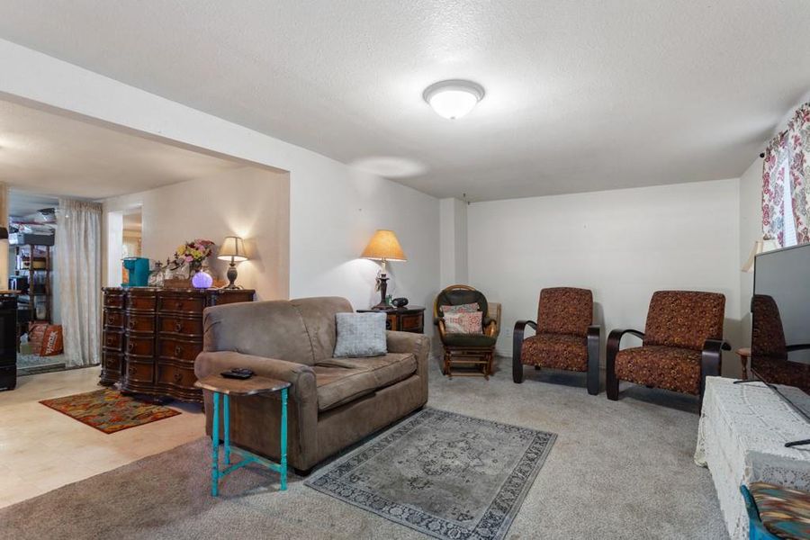 Living area featuring carpet