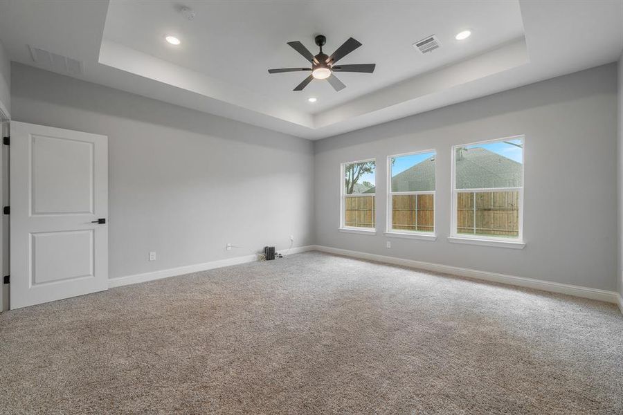 Carpeted spare room with ceiling fan and a raised ceiling