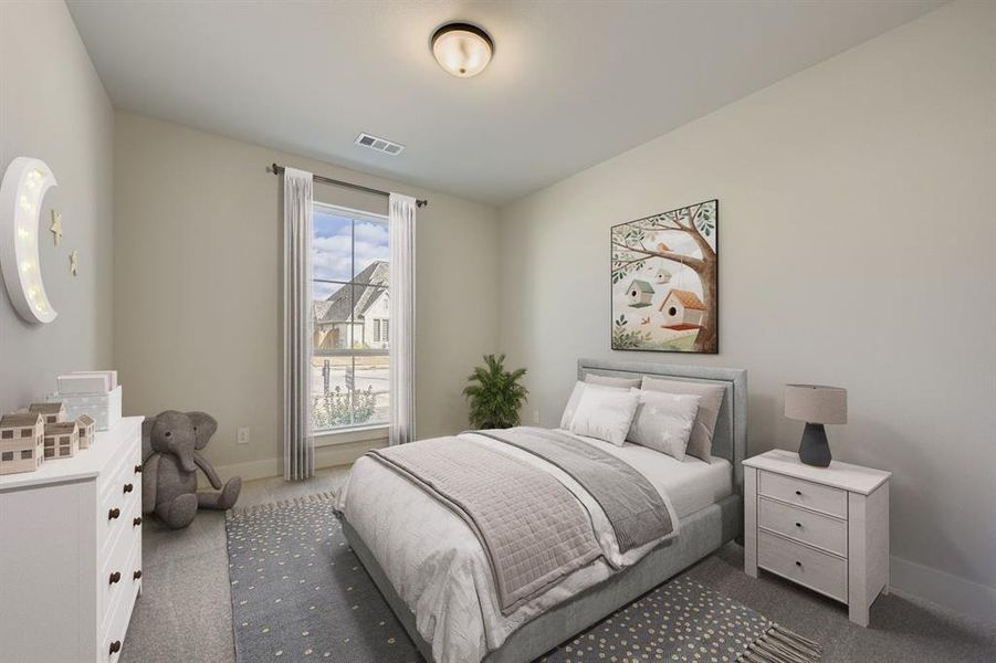 Virtually staged photo - Bedroom with dark carpet and baseboards
