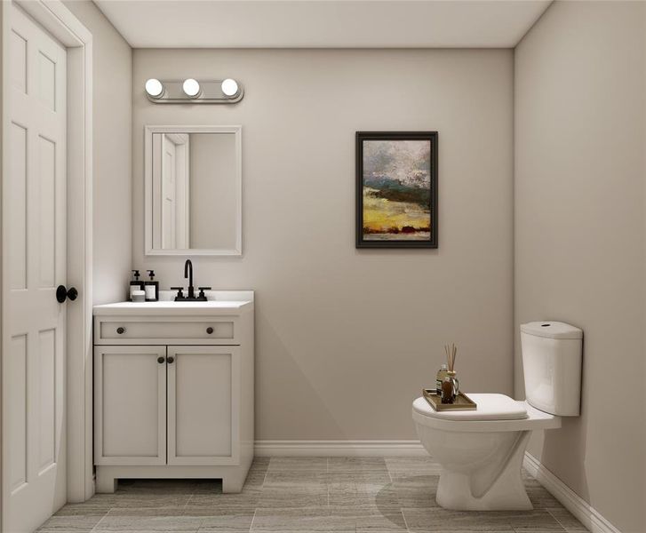 First-floor powder room with upgraded vanity and elegant high-arc faucet. Example photo, virtually staged