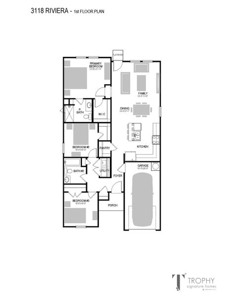 2D floor plan layout for the Riviera | Trinity Ranch - Texas Tree Series | 40' Lots by Trophy Signature Homes in Trinity Ranch, Elgin, TX (Image 3). 2D floor plan layout for the Riviera | Trinity Ranch - Texas Tree Series | 40' Lots by Trophy Signature Homes in Trinity Ranch, Elgin, TX (Image 3).