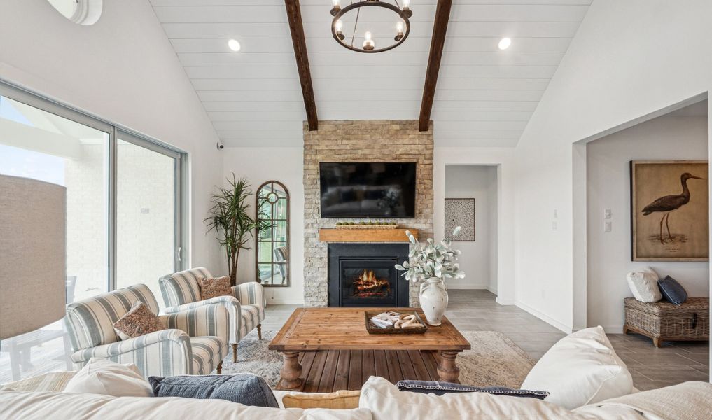 Great room with stained ceiling beams Great room with stained ceiling beams