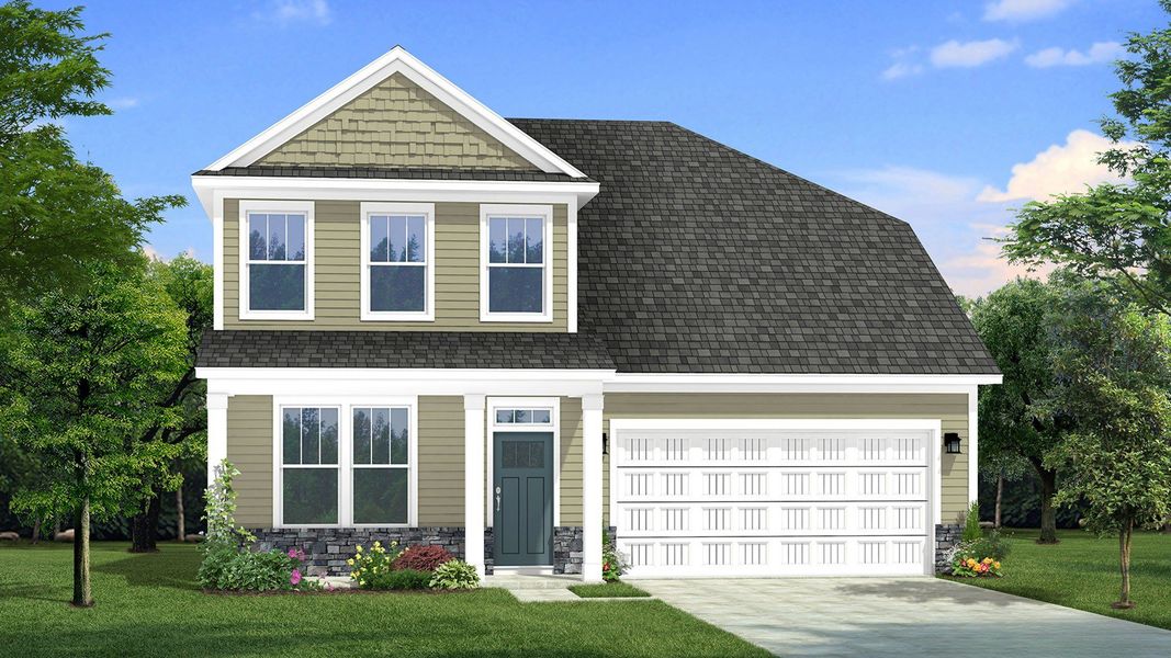 Two-story single family home with brown siding, stone water table, a covered front porch and 2 car garage. Two-story single family home with brown siding, stone water table, a covered front porch and 2 car garage.