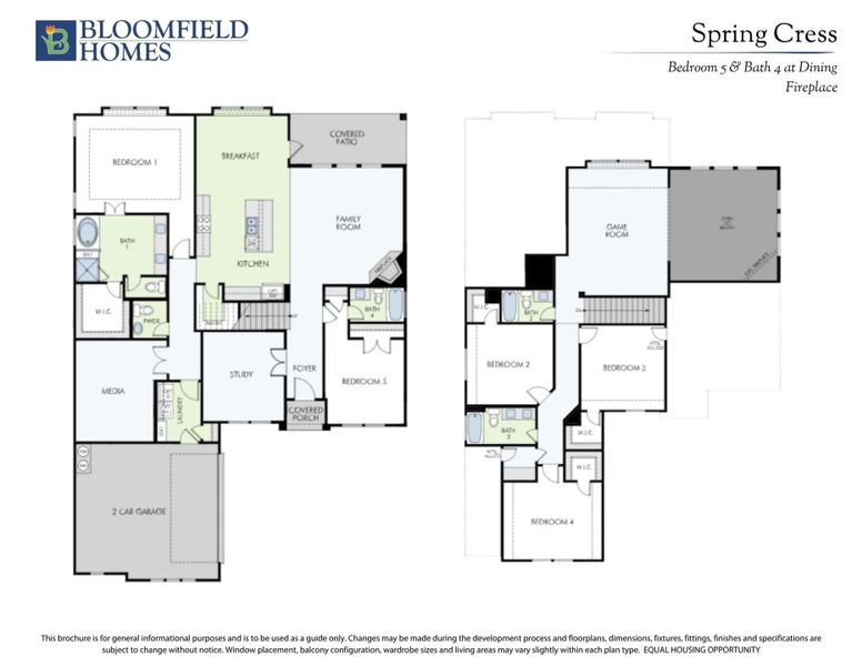 Bloomfield Homes Spring Cress floor plan with 5 bedrooms, 4 baths, 2-car garage, and game room across two floors.