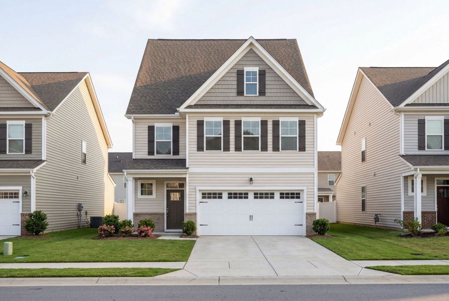 Representative exterior photo of a completed home built from the The Gavin A by Davidson Homes LLC in Villas at Carpenter Woods, Durham, NC (Image 1). Representative exterior photo of a completed home built from the The Gavin A by Davidson Homes LLC in Villas at Carpenter Woods, Durham, NC (Image 1).