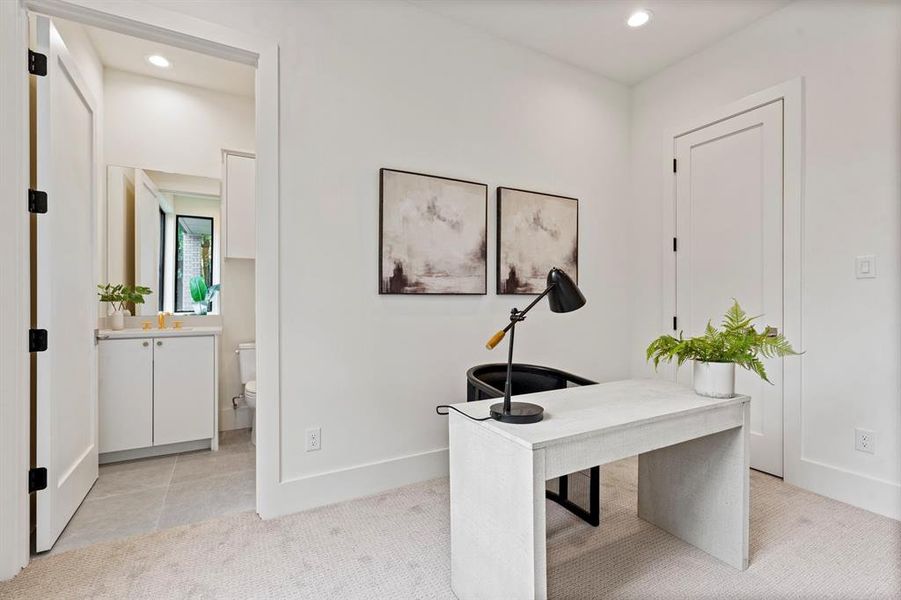 Office featuring light colored carpet and recessed lighting Office featuring light colored carpet and recessed lighting