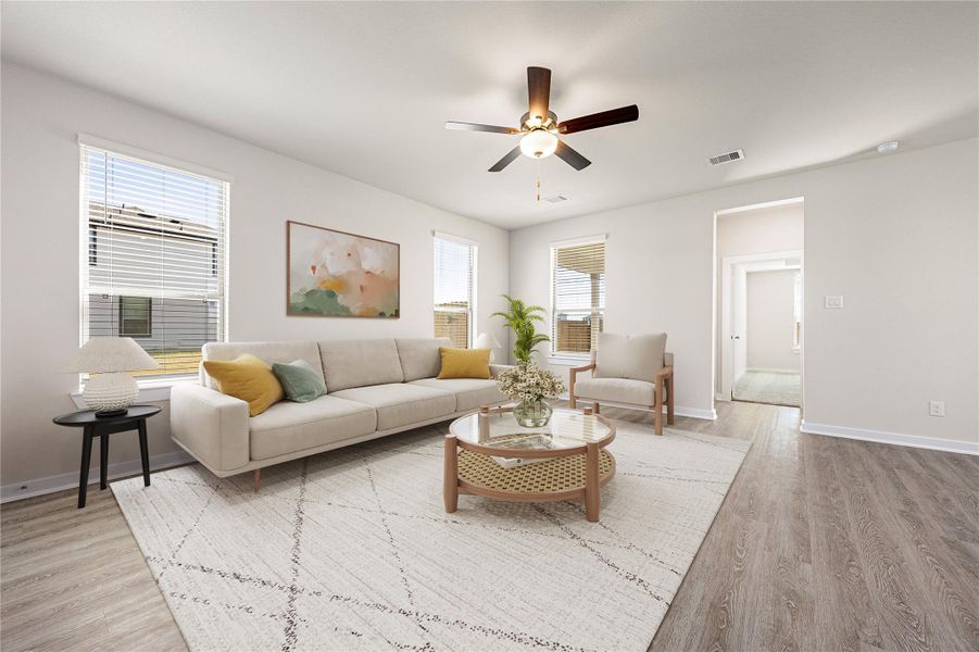 This bright living area features large windows that bring in abundant natural light, enhancing the modern, neutral design. The open layout flows effortlessly into the kitchen and dining spaces, ideal for both relaxing and entertaining. This bright living area features large windows that bring in abundant natural light, enhancing the modern, neutral design. The open layout flows effortlessly into the kitchen and dining spaces, ideal for both relaxing and entertaining.