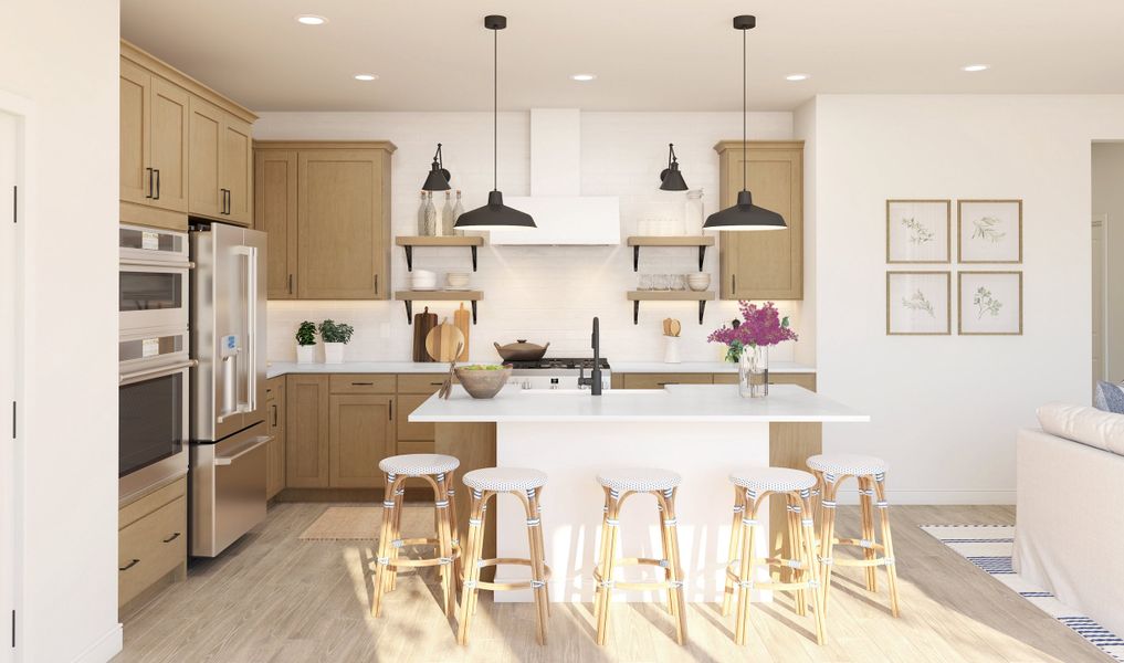 Kitchen with floating shelves and pendant lighting