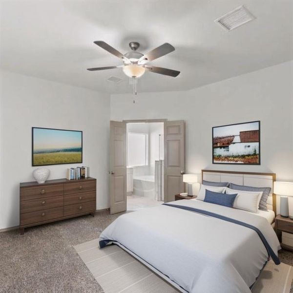 The spacious primary bedroom suite features lush carpeting, elegant ceiling fan and an oasis en-suite bathroom **This image is from another Saratoga Home with similar floor plan - Myrtle Floorplan.**