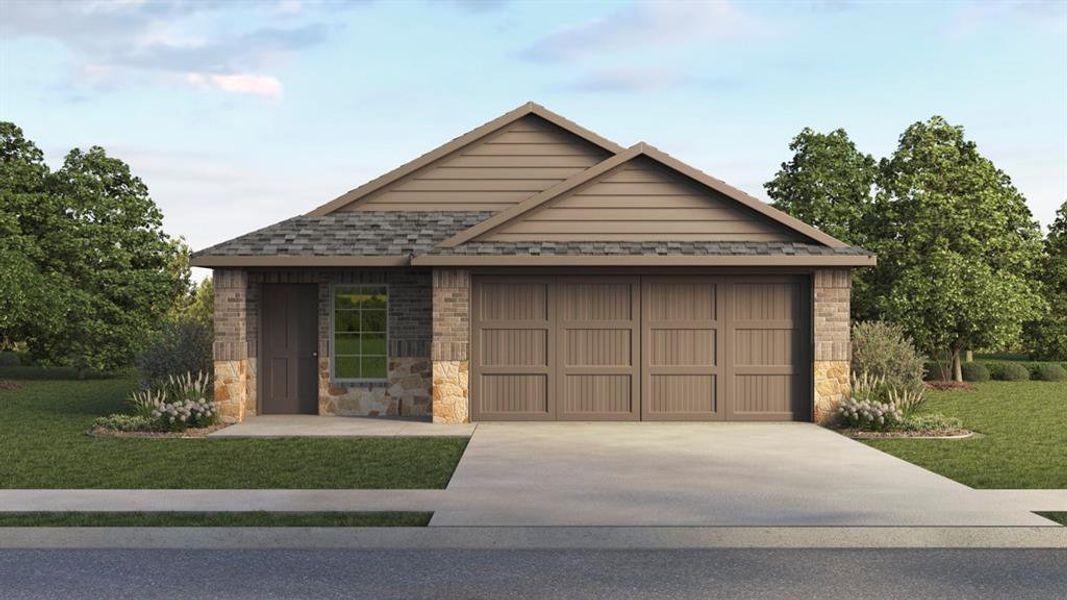 View of front of house featuring stone siding, a front yard, concrete driveway, and a shingled roof