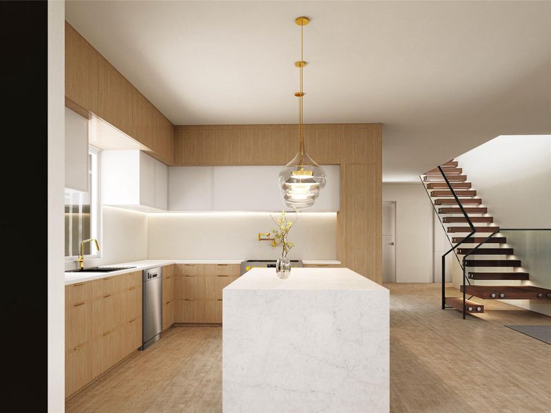 Kitchen featuring a sink, stainless steel dishwasher, light countertops, light wood finished floors, and light brown cabinets