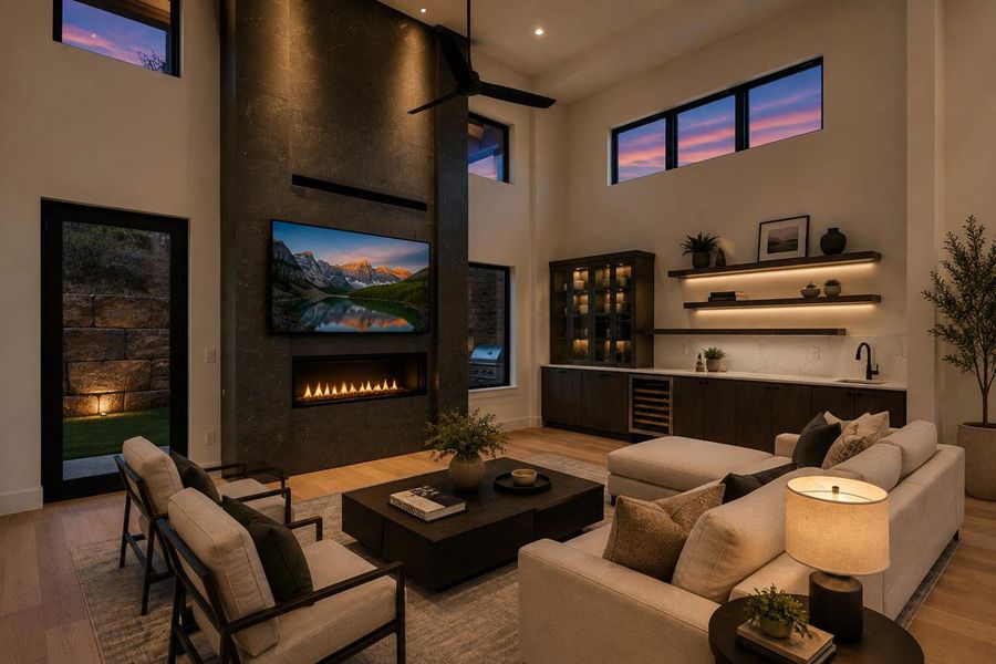 Double-height ceilings and a dramatic stone fireplace define this luxurious modern living space. Double-height ceilings and a dramatic stone fireplace define this luxurious modern living space.