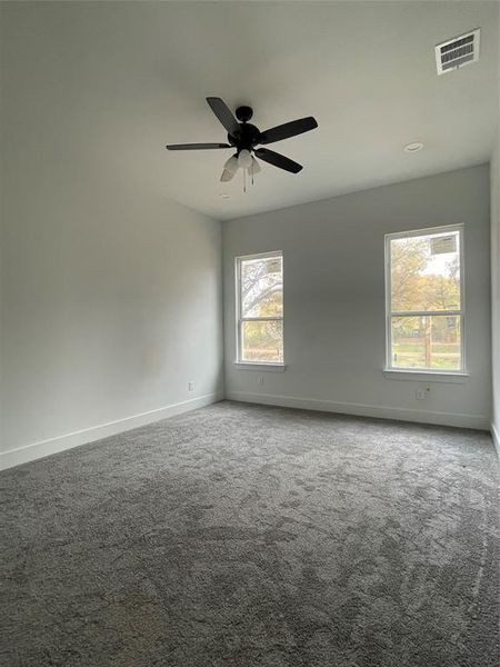 Empty room featuring carpet, ceiling fan, and a healthy amount of sunlight