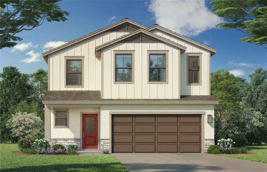 Front exterior of a new home in Grasslands West, Lakeland, FL, highlighting curb appeal (Image 1). Front exterior of a new home in Grasslands West, Lakeland, FL, highlighting curb appeal (Image 1).