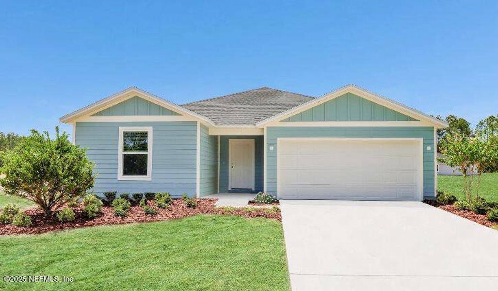 Front exterior of a new home in Holstein Crossing: Holstein Crossing 50s, Green Cove Springs, FL, highlighting curb appeal (Image 1). Front exterior of a new home in Holstein Crossing: Holstein Crossing 50s, Green Cove Springs, FL, highlighting curb appeal (Image 1).