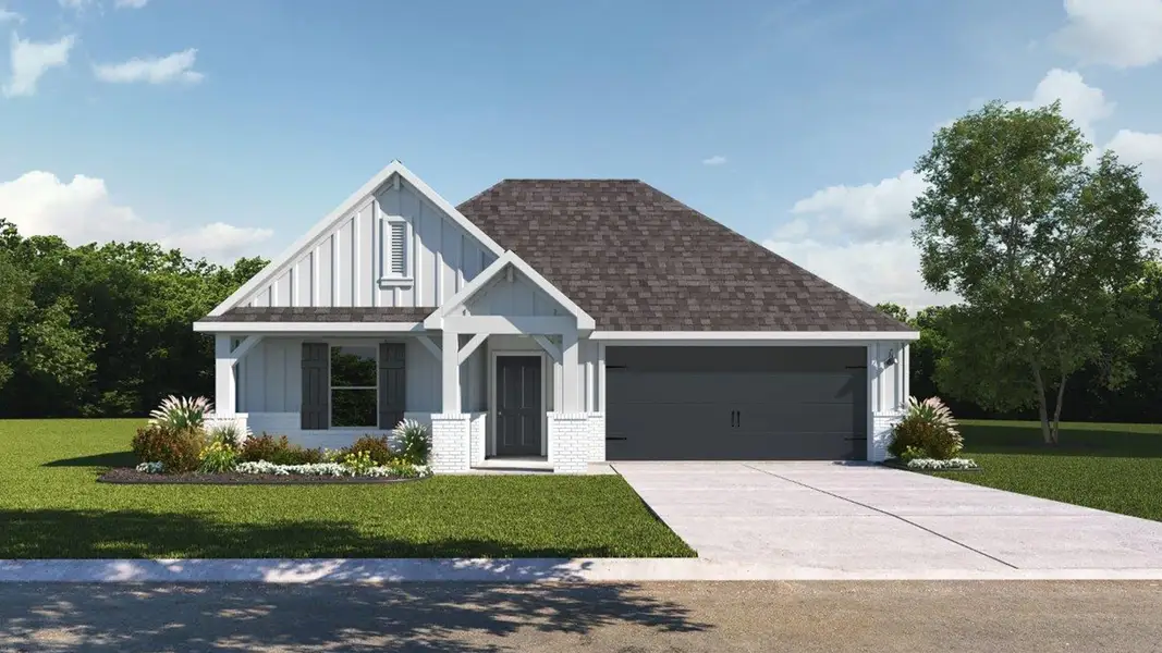 Representative exterior photo of a completed home built from the Lakeway by D.R. Horton in Highland Village, Nome, TX (Image 1). Representative exterior photo of a completed home built from the Lakeway by D.R. Horton in Highland Village, Nome, TX (Image 1).