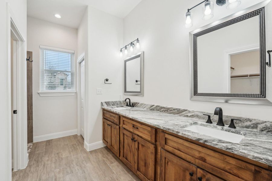 Bathroom with double vanity, wood plank tile floor, baseboards, and a sink Bathroom with double vanity, wood plank tile floor, baseboards, and a sink