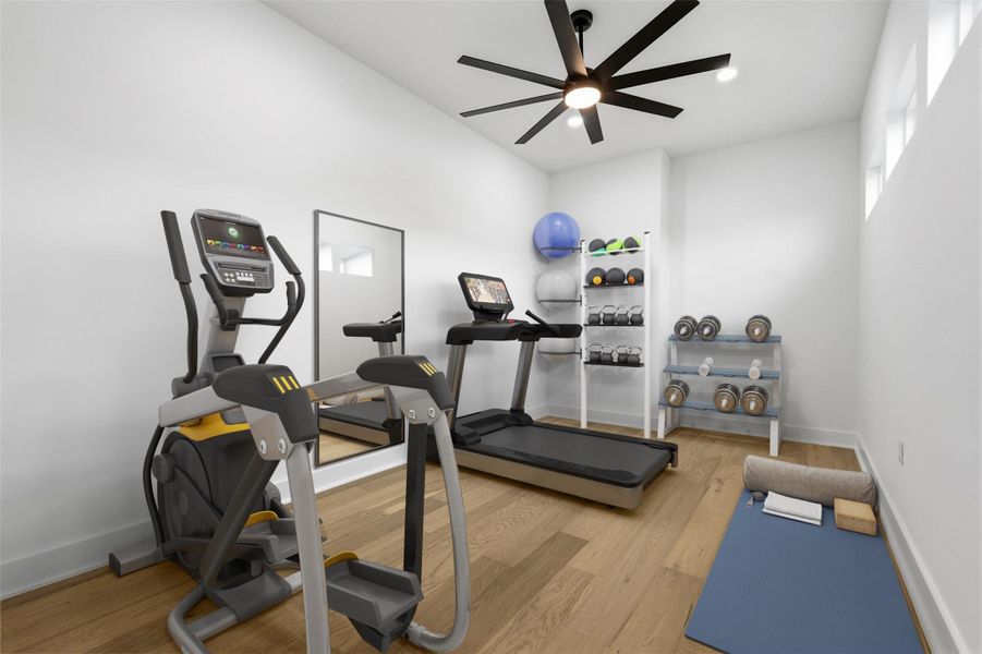 A bright and adaptable flex space enhanced offering natural light without sacrificing privacy. Perfectly suited for a home gym, studio, or personal workspace. (Virtually staged).