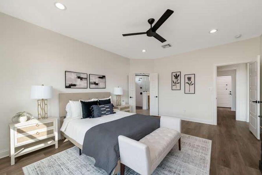 Bedroom with ceiling fan, dark wood-style floors, and recessed lighting Bedroom with ceiling fan, dark wood-style floors, and recessed lighting