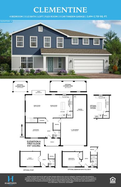 2D floor plan layout for the Clementine by Hartizen Homes in Eden Crest Single Family Homes, Apopka, FL (Image 5).