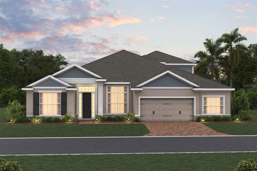 Front exterior of a new home in Wolf Lake Ranch, Apopka, FL, highlighting curb appeal (Image 1). Front exterior of a new home in Wolf Lake Ranch, Apopka, FL, highlighting curb appeal (Image 1).